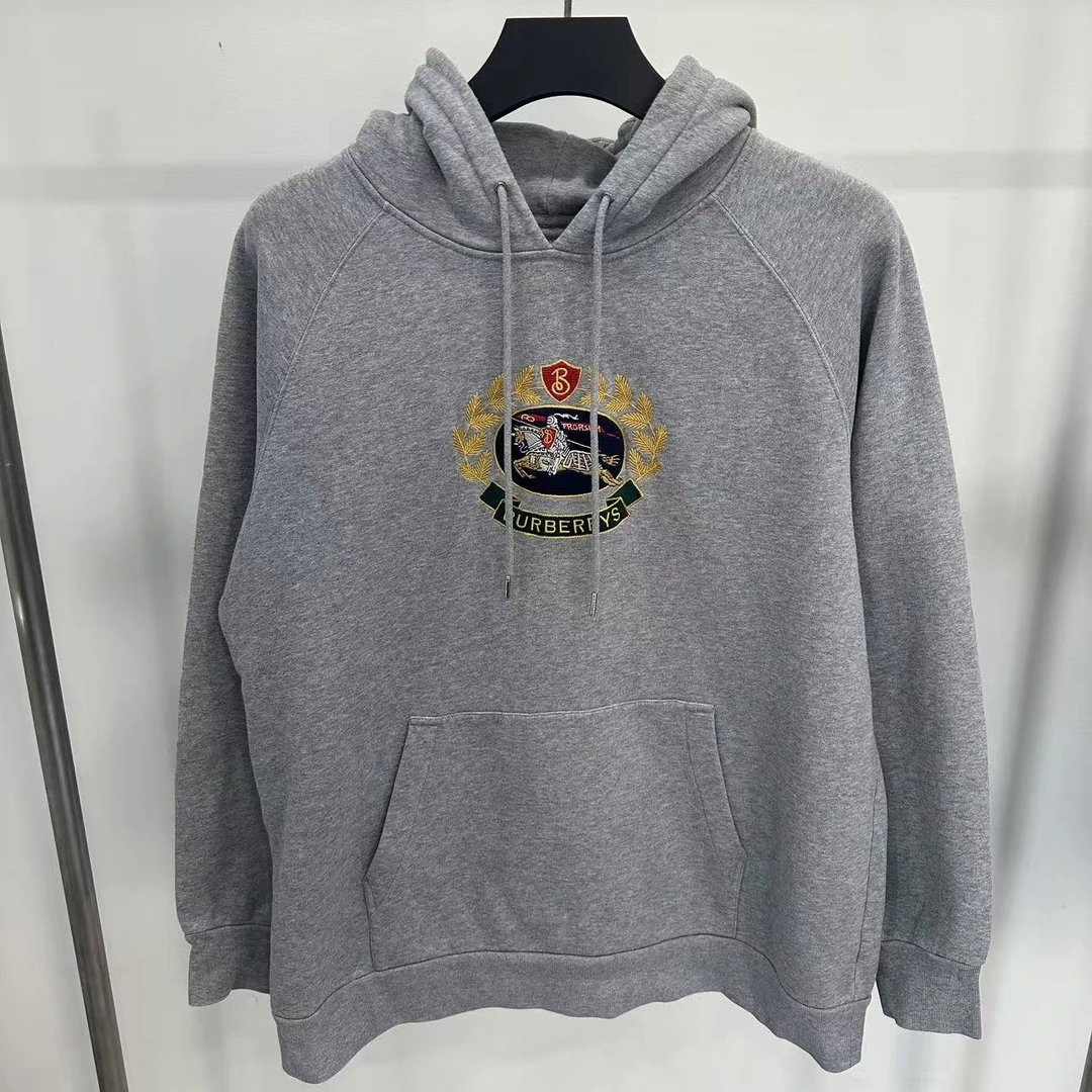 未使用 BURBERRY/博柏利 灰色战马刺绣连帽卫衣/L码