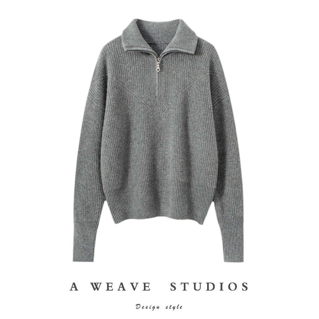 100%山羊绒衫女士秋冬新款半拉链套头翻领加厚毛衣长袖针织衫打底