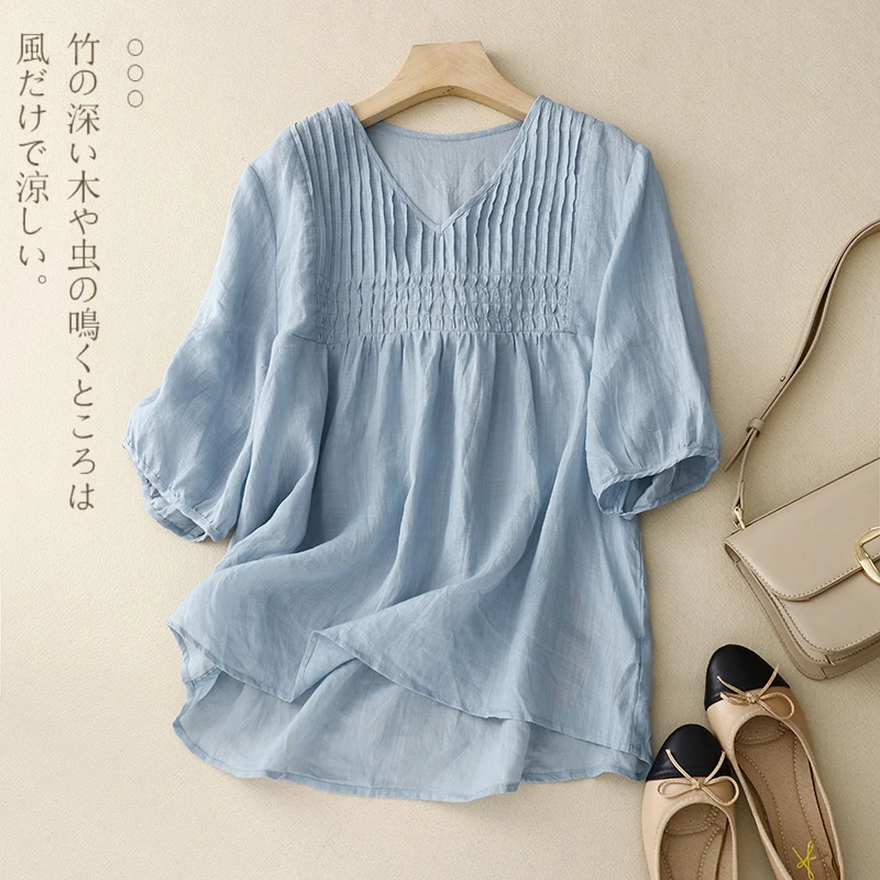 2025夏季新款棉麻V领上衣大码宽松五分袖T恤女装中年妈妈百搭衬衫