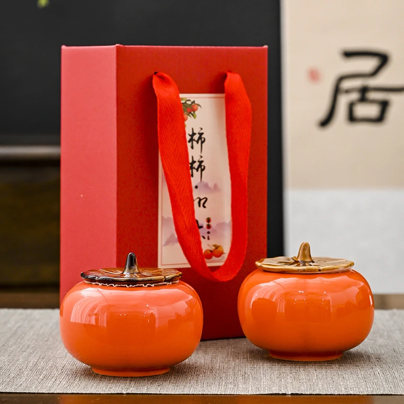 事事如意柿子陶瓷茶叶罐 创意婚庆开业伴手礼品 密封喜糖储存罐