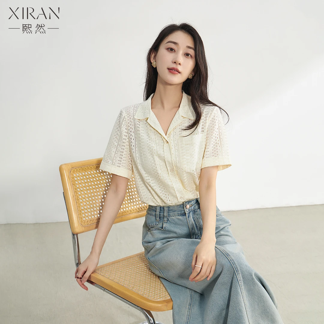 熙然优雅法式蕾丝拼接衬衫夏装女式气质短袖衬衣时尚薄款显瘦上衣
