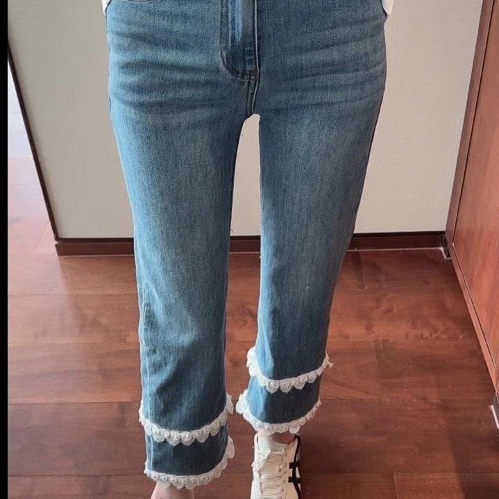 大码女装松紧腰拼色蕾丝裤脚直筒牛仔裤胖妹妹韩版减龄休闲裤1841