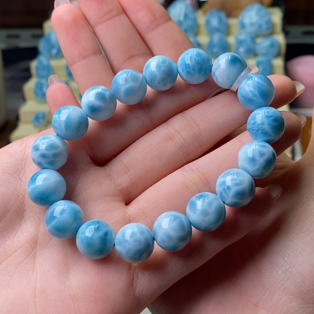 针钠钙石（海纹石）未镶嵌手链12mm艳蓝高冰收藏手串