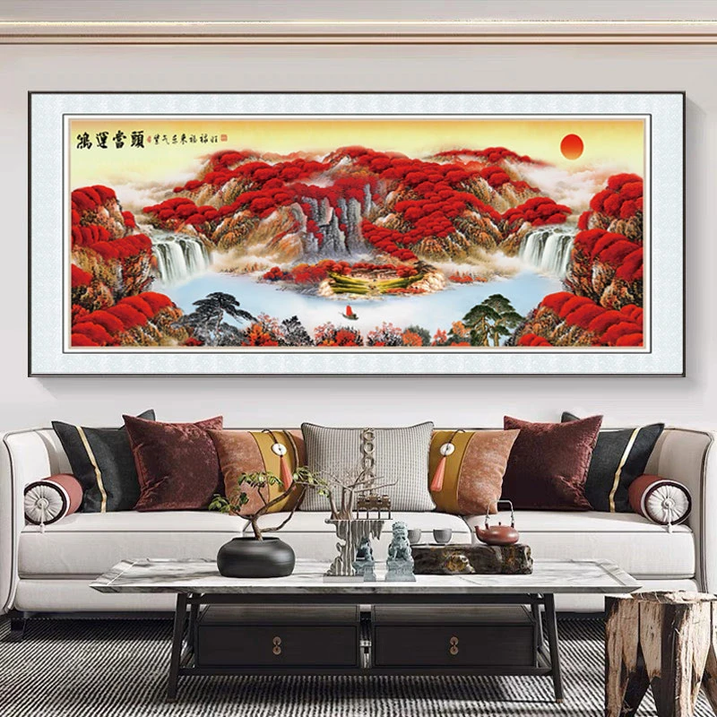 鸿运当头山水背景挂画装饰画客厅高级感沙发背景装饰画墙壁挂画