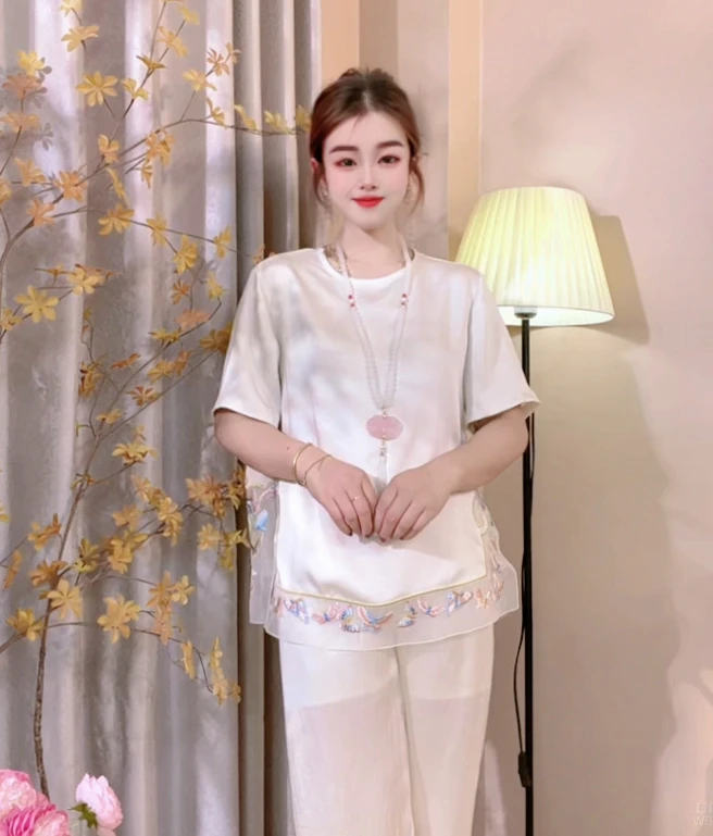 [星月]新中式国风蝴蝶刺绣短袖女25夏季新款圆领休闲百搭气质上衣