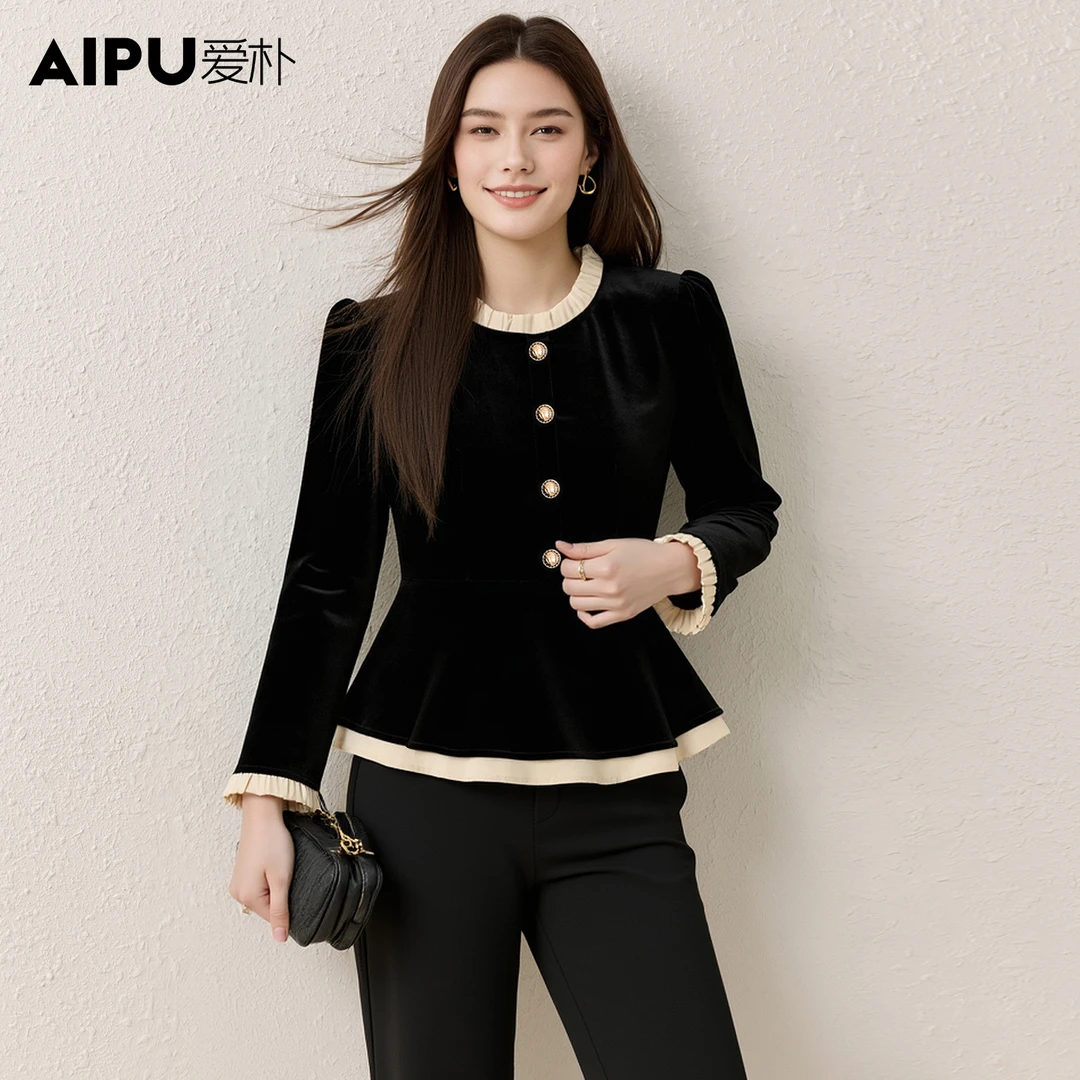 爱朴大码女装2025年冬季新款时尚显瘦气质拼接长袖秋冬短上衣3028