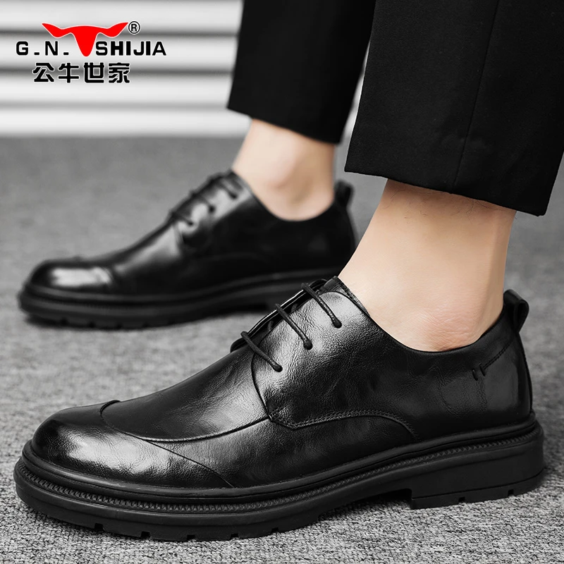 公牛世家高端男鞋2025春季新款棕色商务正装手抓纹男士皮鞋结婚鞋