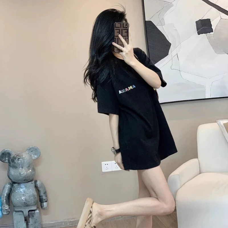 港风大版宽松黑色短袖t恤女2025新款遮屁股下衣失踪上衣小众潮牌