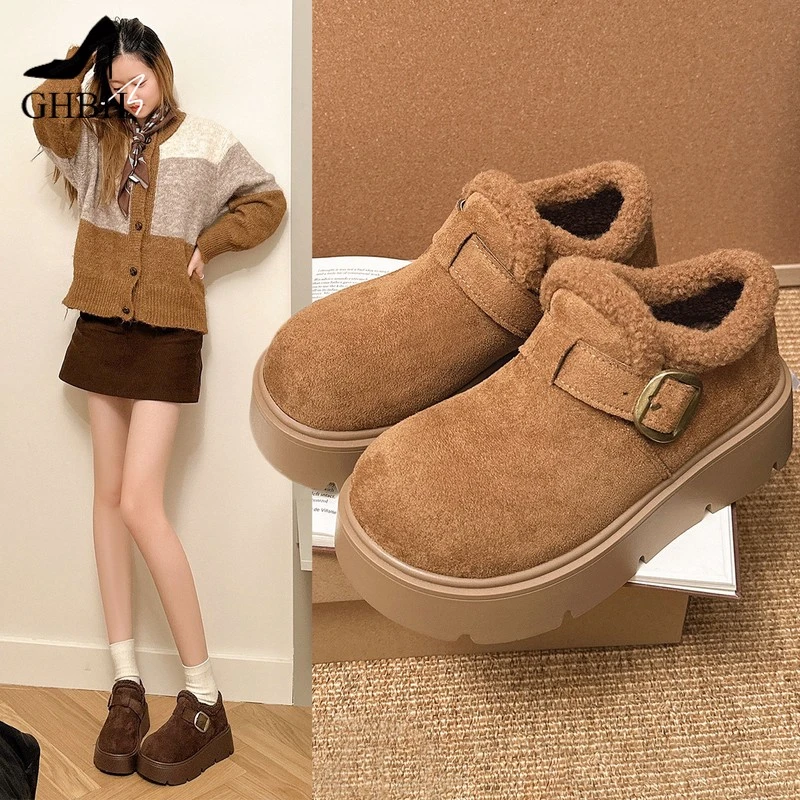 加绒厚底勃肯鞋女秋冬季保暖毛绒豆豆鞋复古棕色金属扣乐福鞋棉鞋