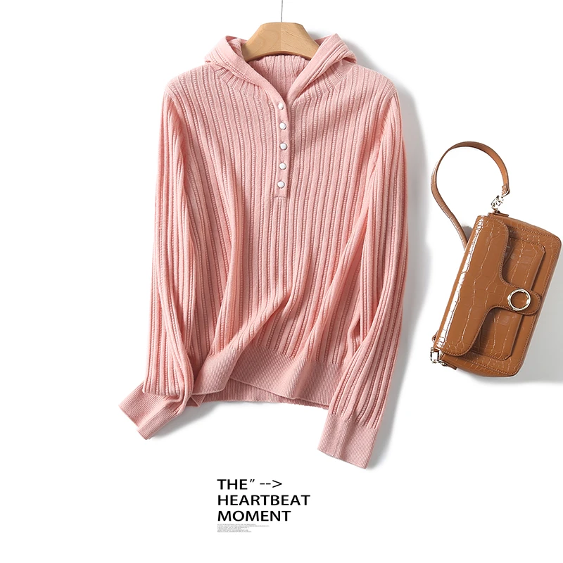 秋冬连帽羊毛衫女新款纽扣休闲绵羊毛毛衣针织衫TN1601