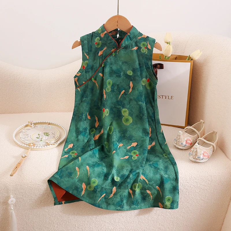 9908童装女童国风新中式旗袍裙夏季儿童绿色挂脖裙子小女孩连衣裙