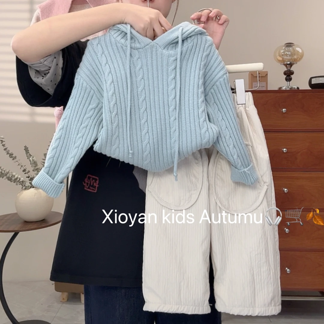 小言-2025秋冬季新款韩版洋气女童麻花连帽毛衣百搭休闲裤套装