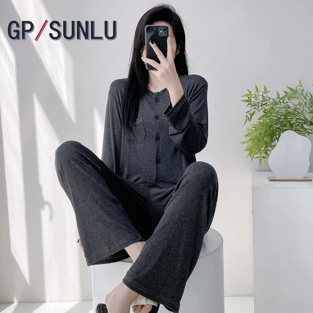 日本小众GP加大码春秋季睡衣女莫代尔长袖开衫宽松胖mm简约纯色高