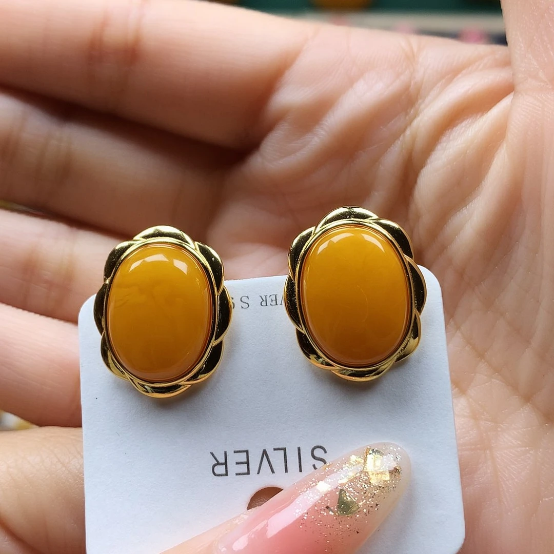 蜜蜡耳饰银S925镶嵌耳钉