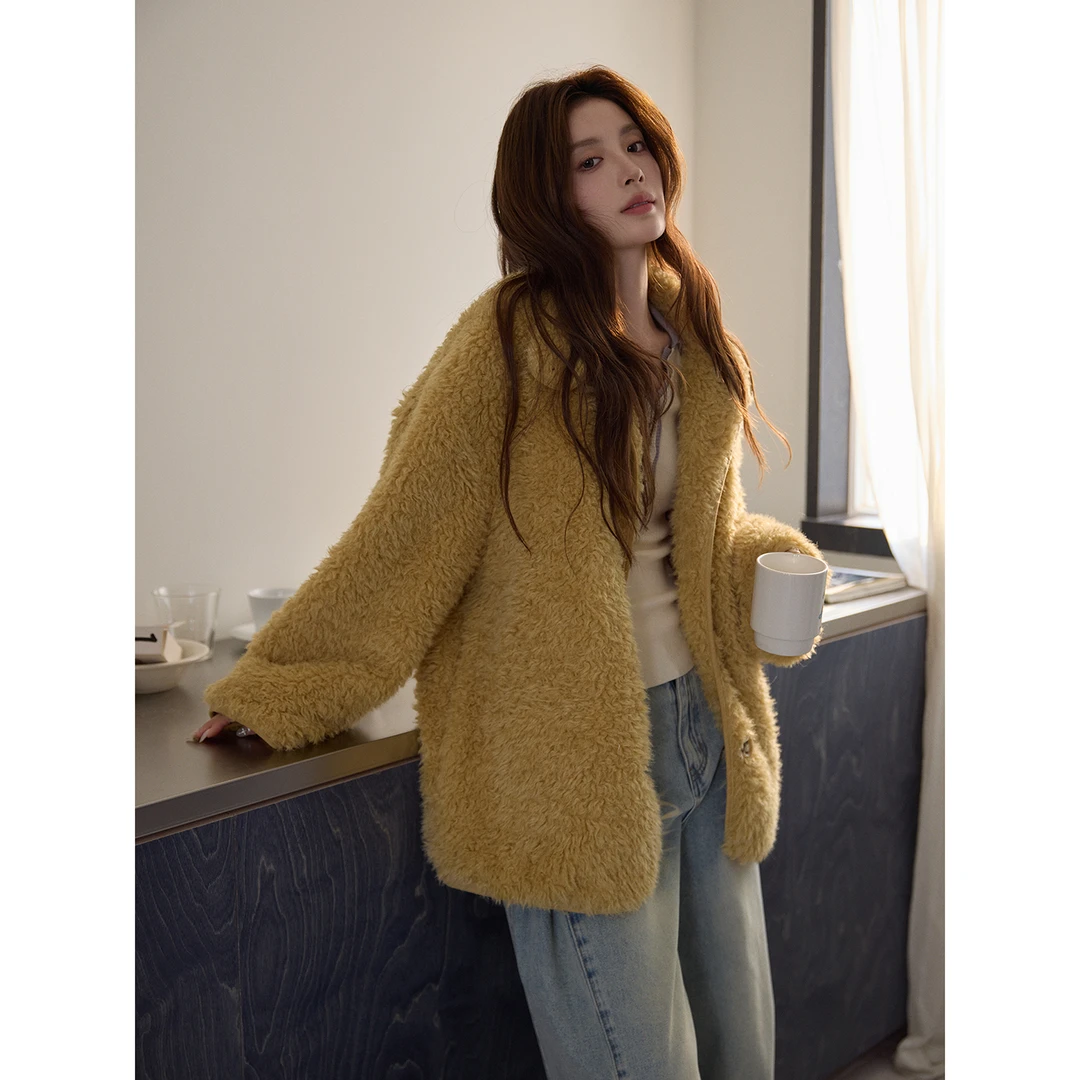【吵吵家】黄色立领加厚毛绒外搭短外套女2025秋冬慵懒休闲长袖上衣