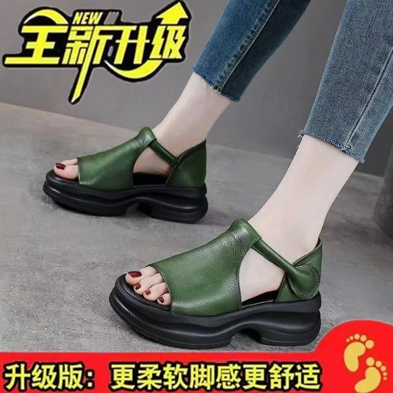 真软皮凉鞋女2025夏季新款厚底罗马凉鞋民族风鱼嘴百搭复古女士鞋