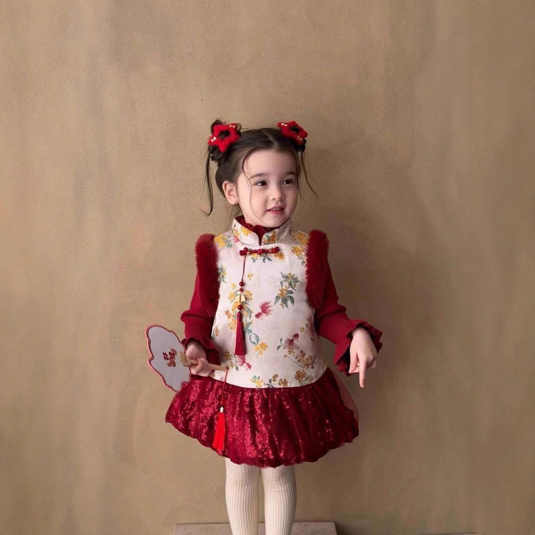 女童2025冬新款女童新中式国风提花马甲蓬蓬亮片纱年服旗袍背心裙