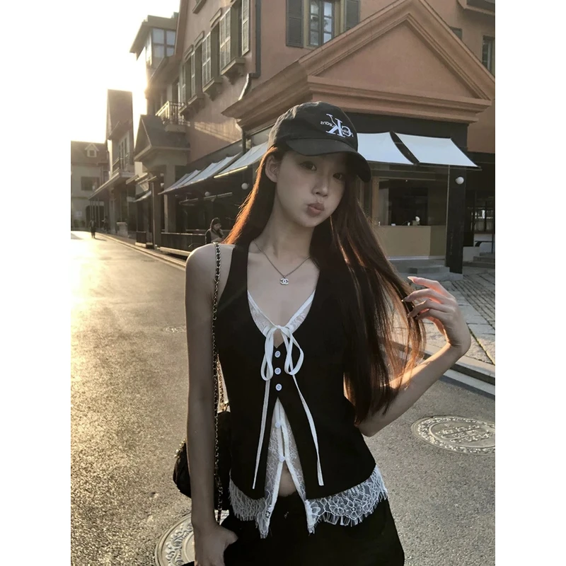 带胸垫吊带背心女新款夏外穿黑色辣妹穿搭蕾丝假两件无袖上衣