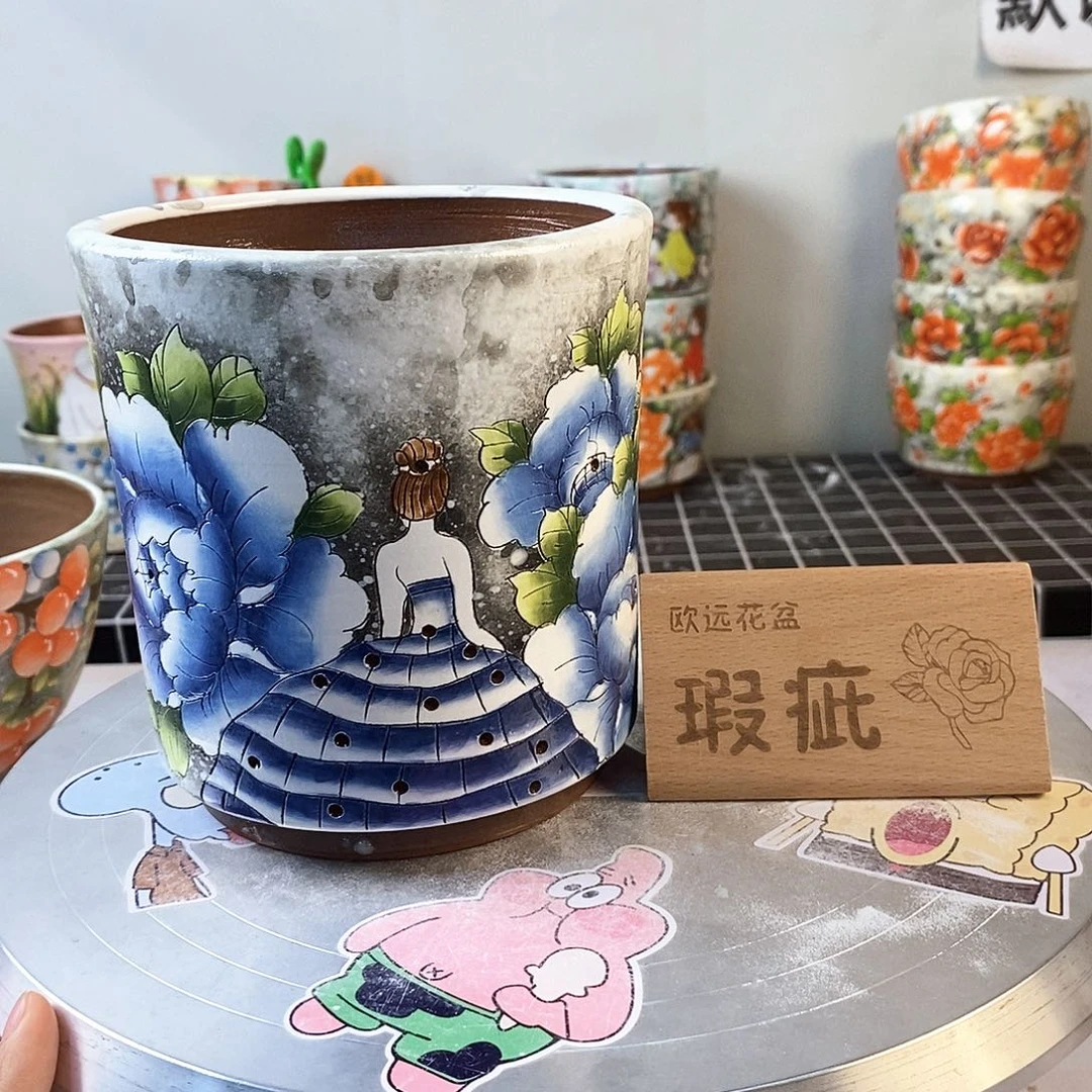 紫砂花盆红陶手绘花盆