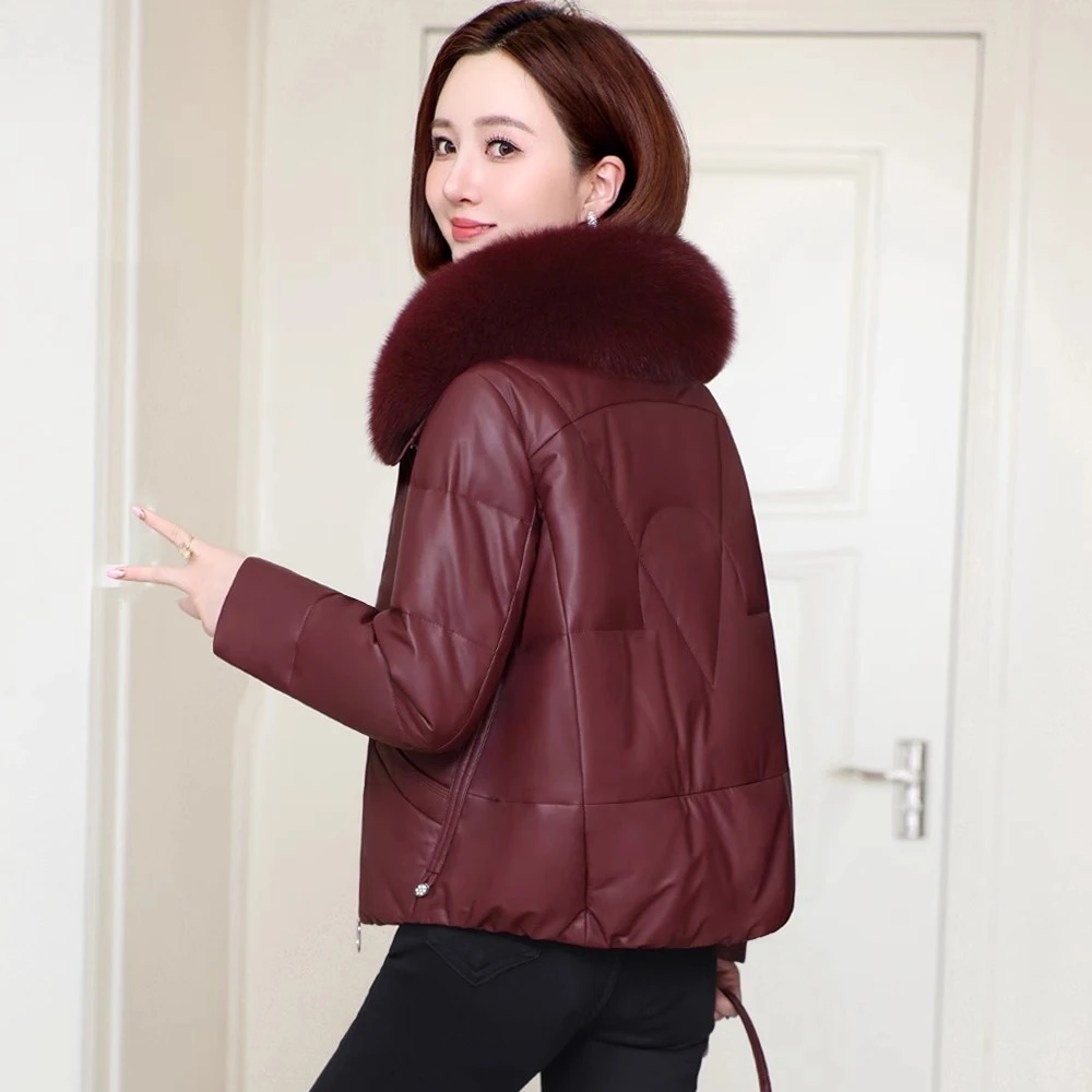 海宁真皮羽绒服女2025新款冬季中老年妈妈绵羊皮夹克外套短款皮衣