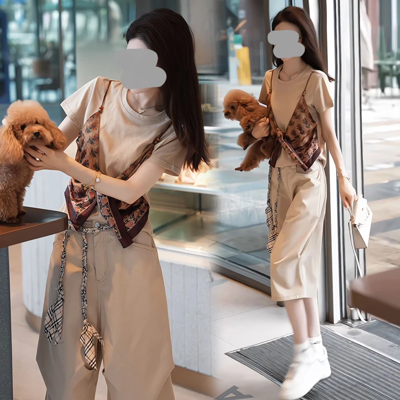 盐系宽松型2025夏季假两件短袖t恤上衣高腰中裤显瘦减龄两件套装