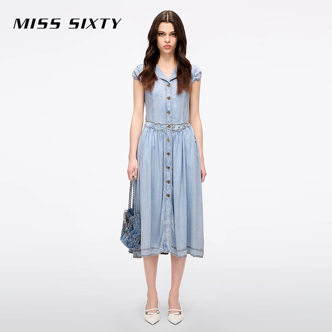 Miss Sixty2025夏季新款天丝牛仔连衣裙女翻领复古配珍珠腰链薄款