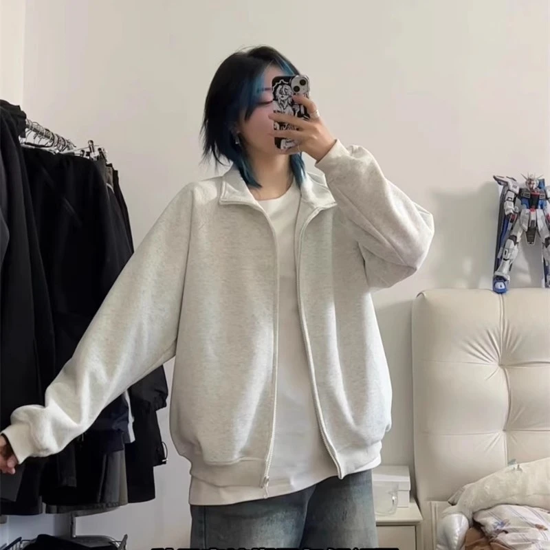 2025秋装新款美式百搭休闲开衫卫衣男女同款简约立领学生外套帅气