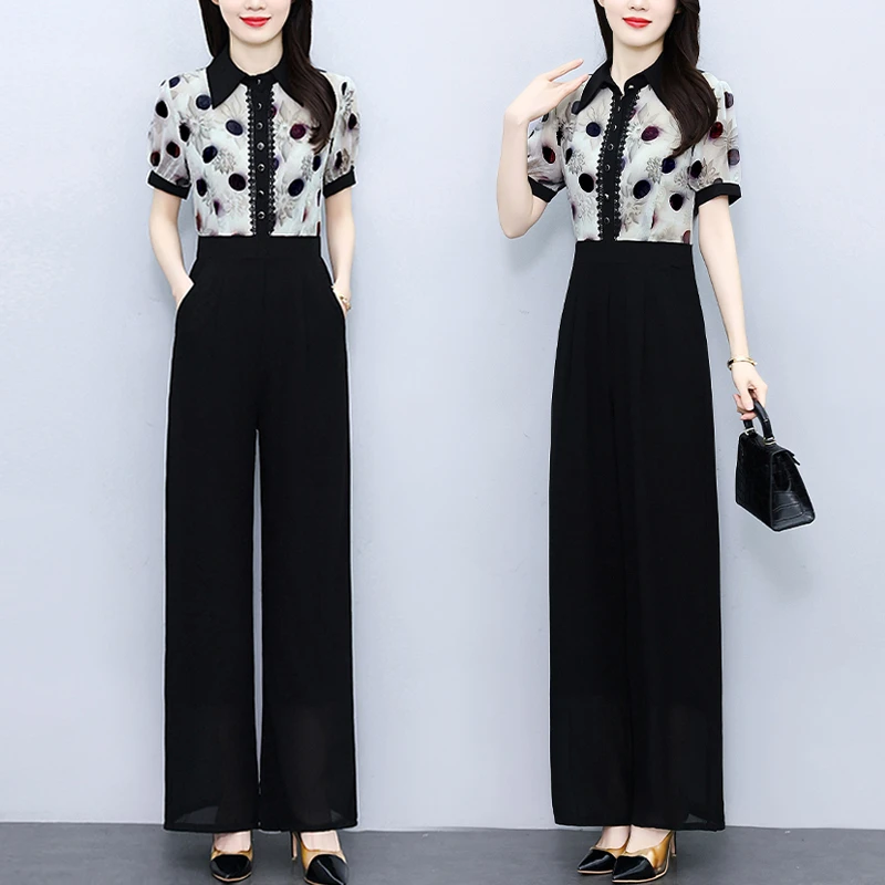 时尚修身显瘦阔腿连体裤套装女夏2025新款女士高端衬衫连身连衣裤