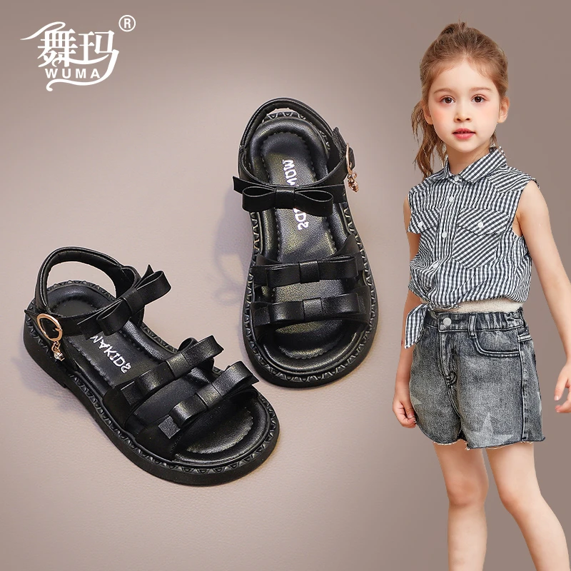 舞玛儿童凉鞋2025新款夏季小女孩露趾黑色平底中大童公主鞋528266