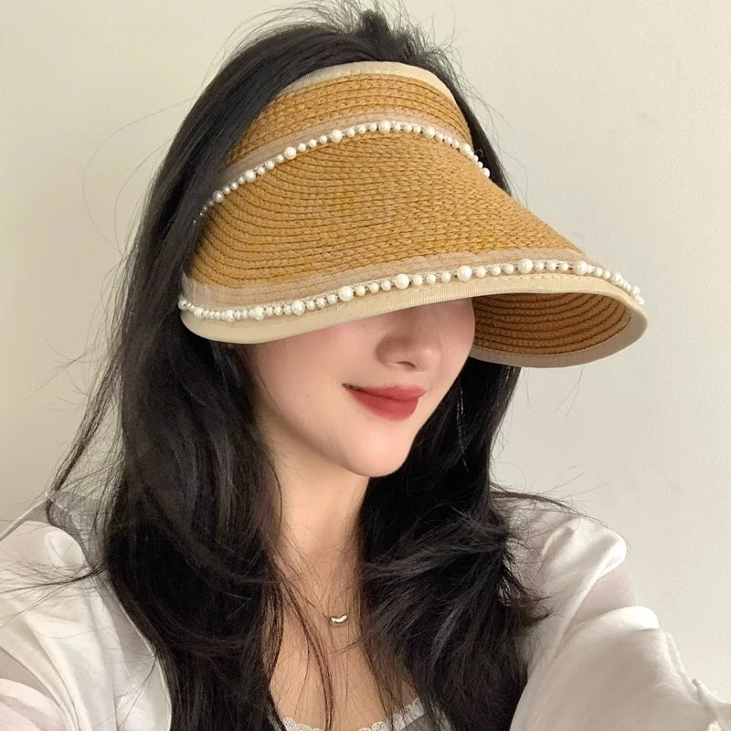草编珍珠遮阳帽防紫外线空顶草帽女夏季新款遮脸防晒太阳帽子女款