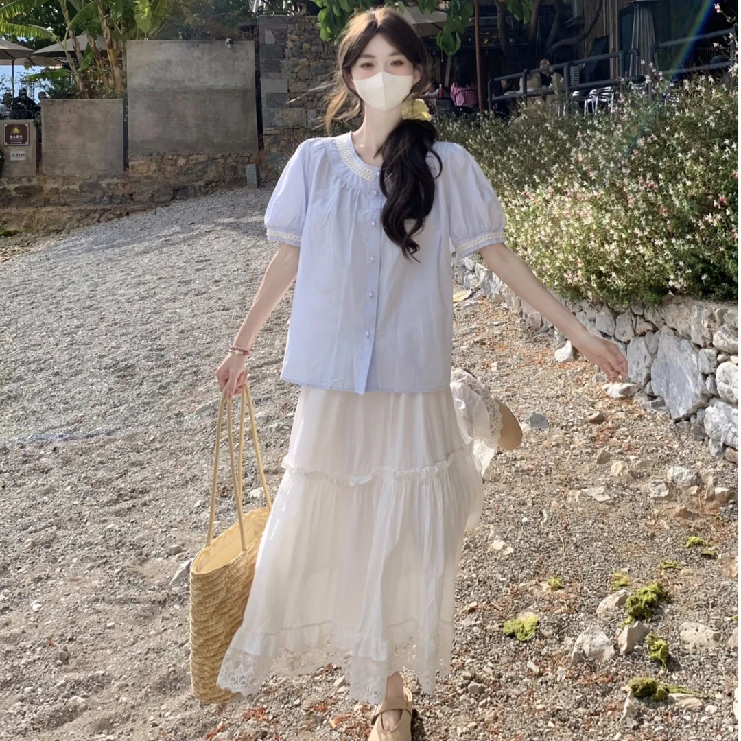 蓝色短袖衬衫显瘦气质小众韩版百搭夏季时尚洋气法式甜美小衫