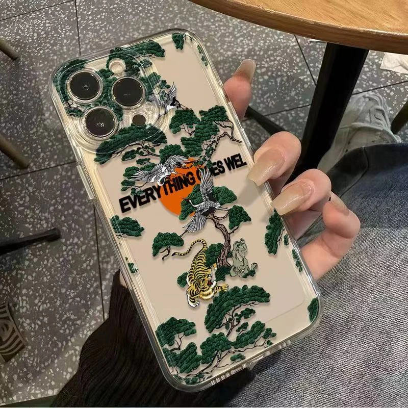 迎客松仙鹤适用苹果16PROMAX手机壳iPhone15小众13简约14软壳透明