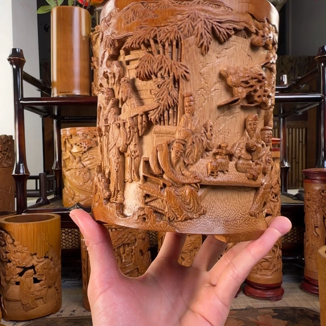 竹夜宴图大号满工笔筒