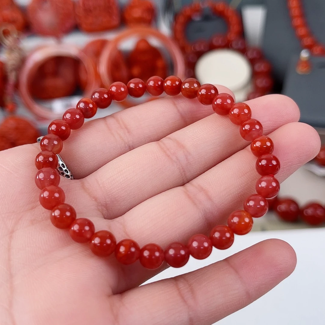 手串未镶嵌南红玛瑙瓦西锦红圆珠单圈6mm