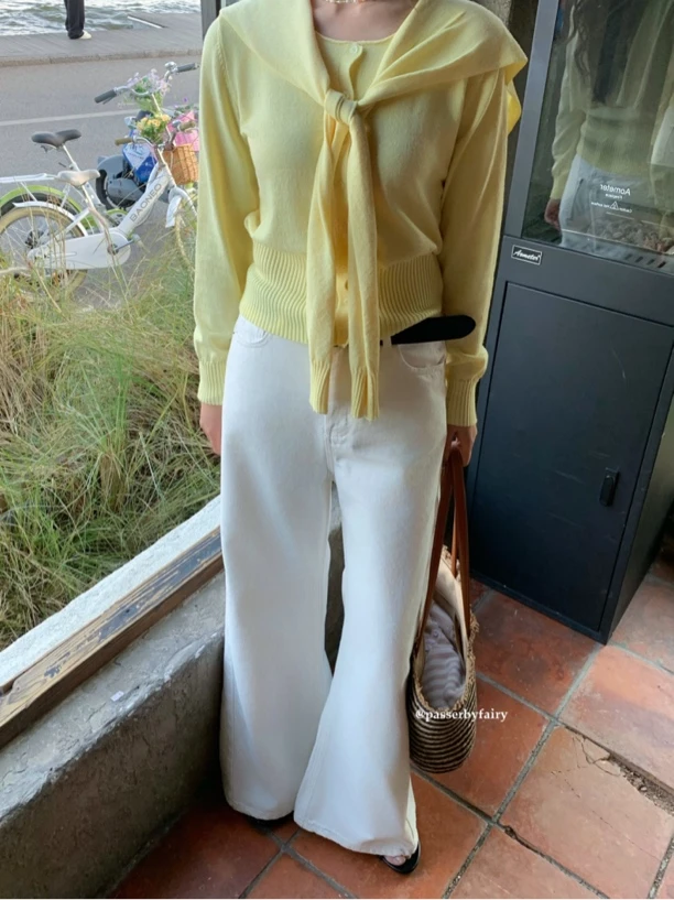 路人仙子自制【文艺牛仔】白色阔腿牛仔裤女宽松垂感直筒裤xz4010