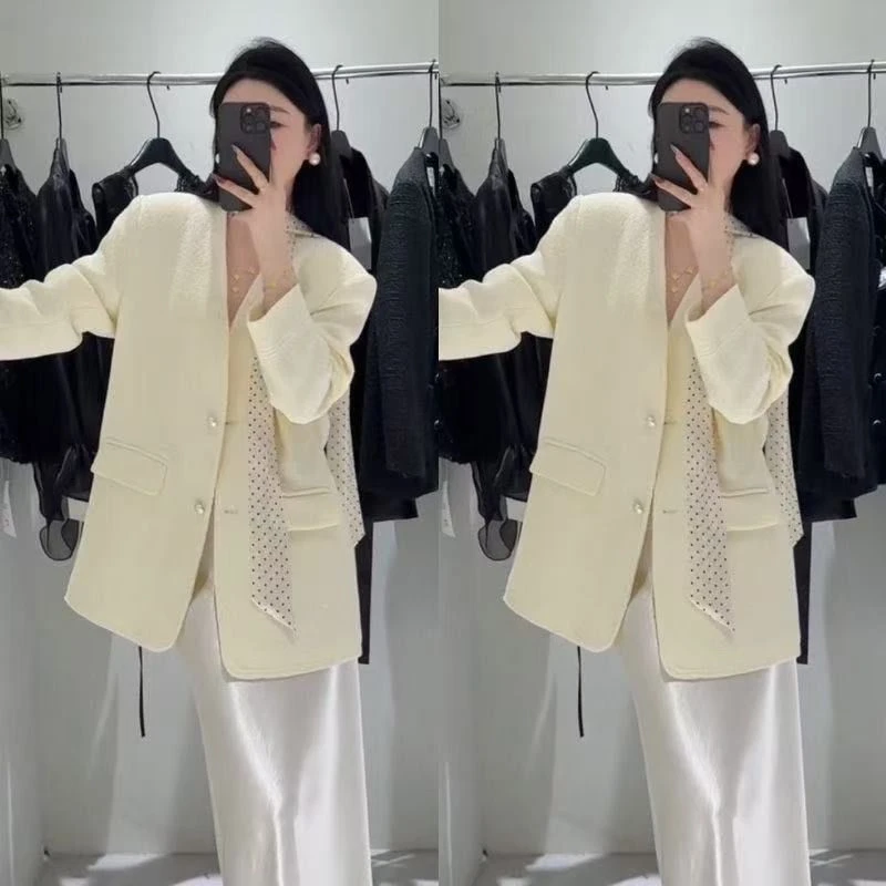 501韩版设计感飘带西装外套2025早春新款高级感简约通勤宽松西服