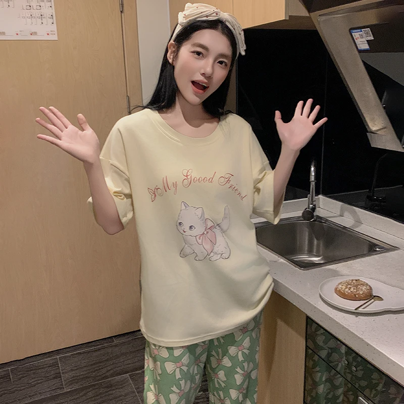 8155带胸垫睡衣女士短袖长裤套装时尚休闲家居服套装送短裤