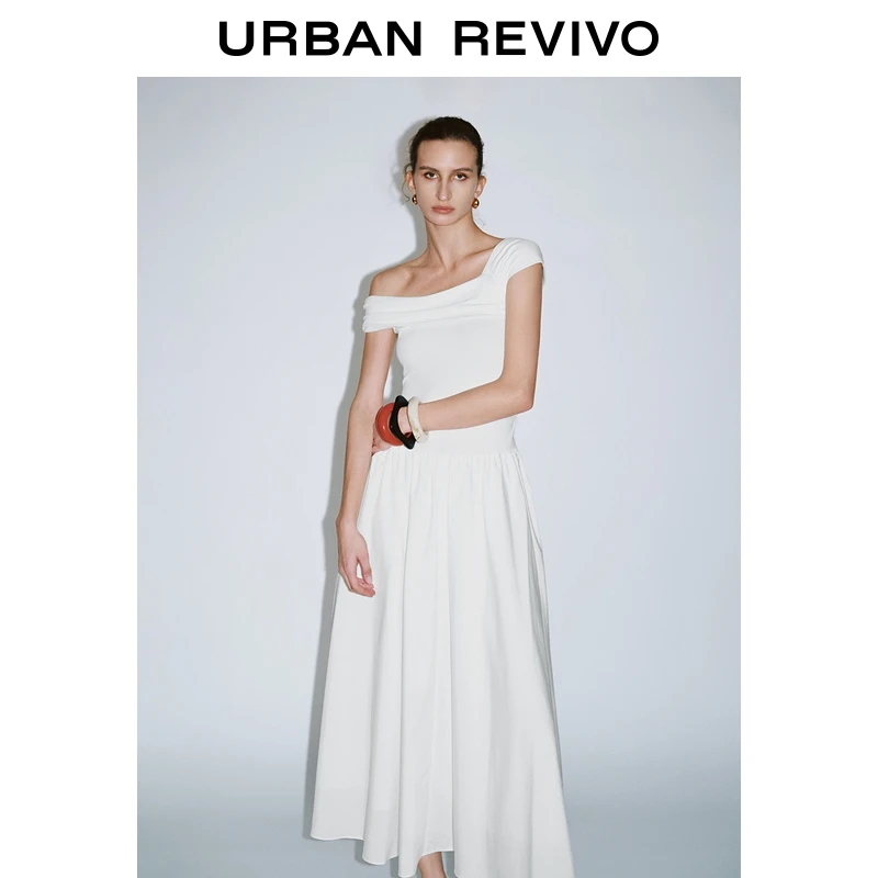 UR2025秋季新款女装气质斜肩领褶皱修身连衣裙UWG750224