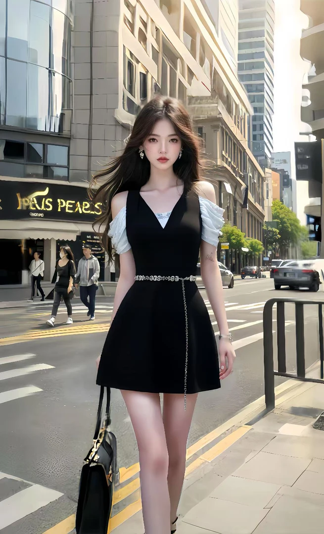 新款轻奢优雅黑色V领短袖露肩收腰连衣裙女小众设计时尚高级显瘦
