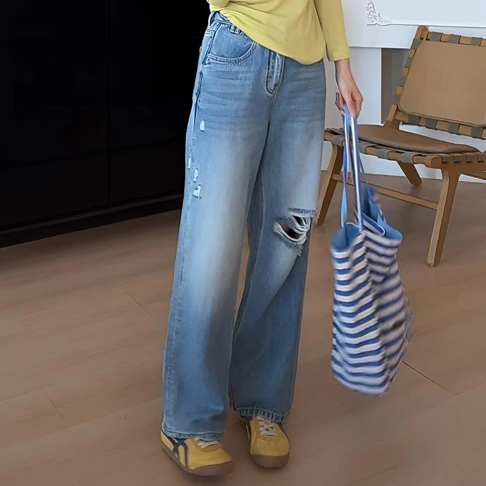 【余欢欢】夏季复古显瘦汗麻破洞个性直筒长裤-YHK50127