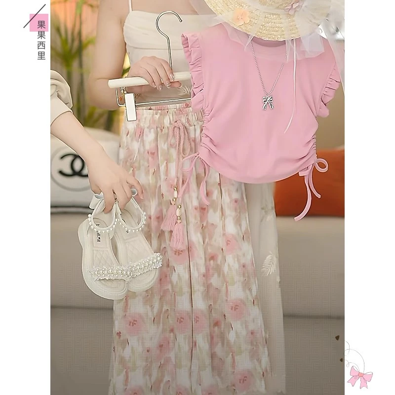 女童碎花阔腿裤套装夏季2025新款女孩时髦夏装儿童飞袖T恤两件套
