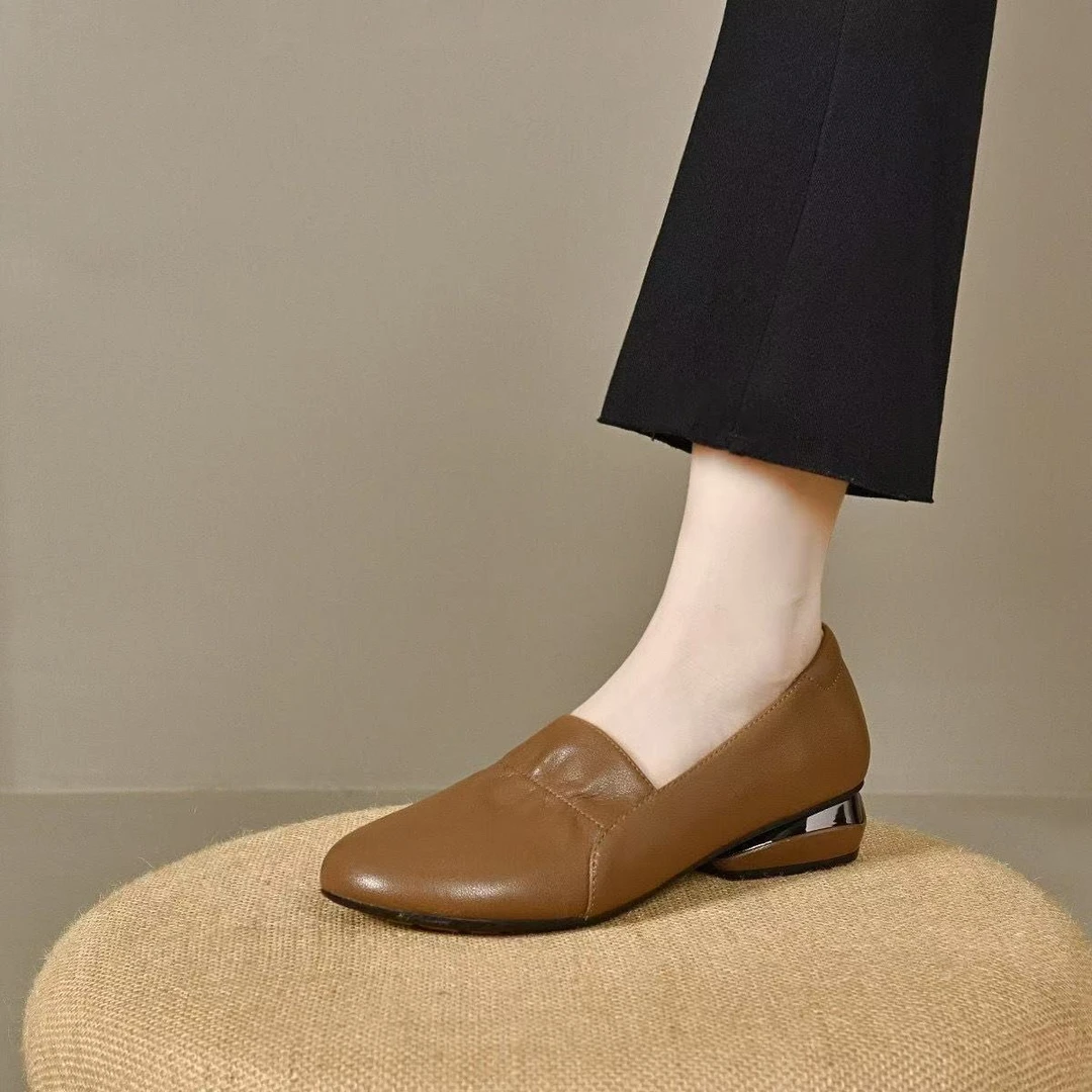 【潞可莱】真软皮2025新款春夏季粗跟圆头舒适百搭低跟一脚蹬小皮鞋