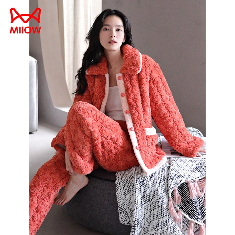 猫人三层夹棉睡衣女款秋冬季冬天家居服加绒加厚珊瑚绒法兰绒套装