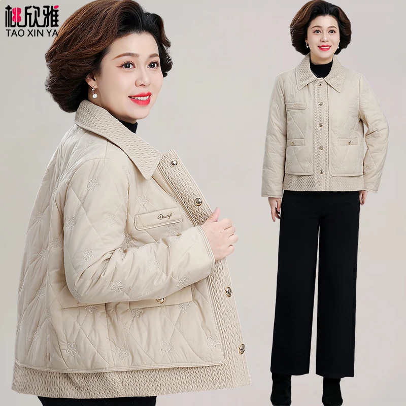 中年妈妈秋冬夹棉外套贵夫人女装小棉袄中老年女冬装轻薄棉服洋气