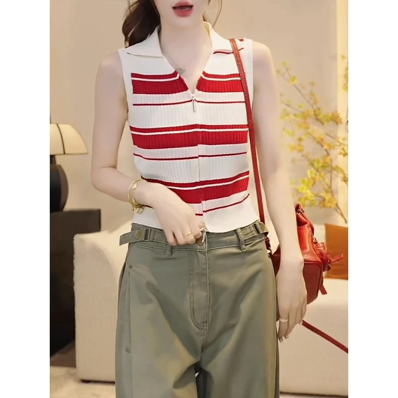 法式设计感红色条纹polo领无袖背心女夏2025新款外穿针织衫小上衣