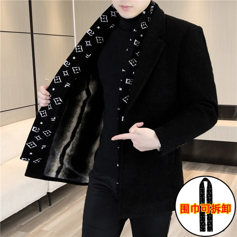 2025新款【围巾脱卸】毛呢大衣男中长款休闲加绒加厚外套西装领风衣