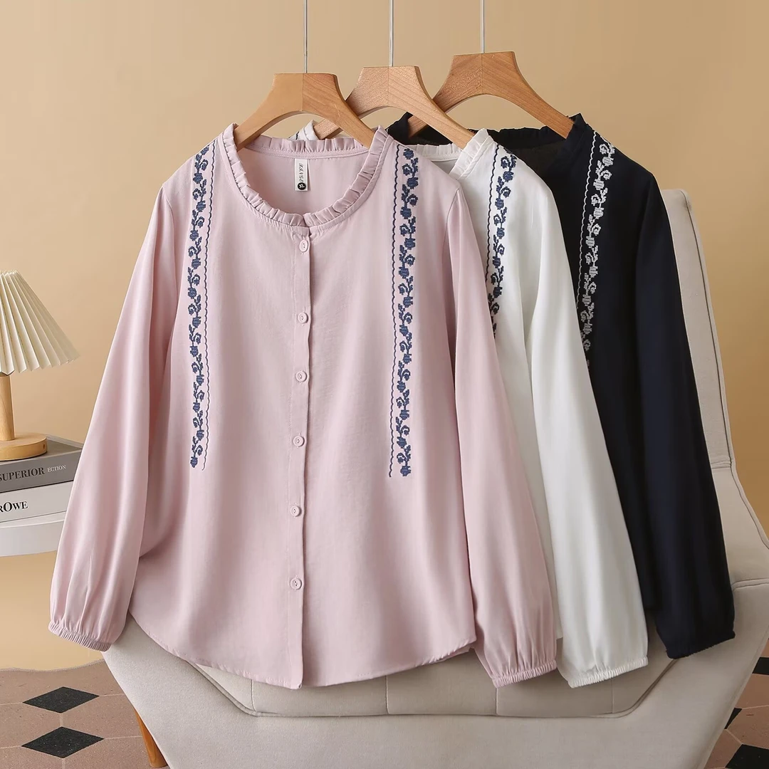 秋季新款女士大码刺绣花边圆领衬衫宽松显瘦遮肉休闲时尚洋气上衣
