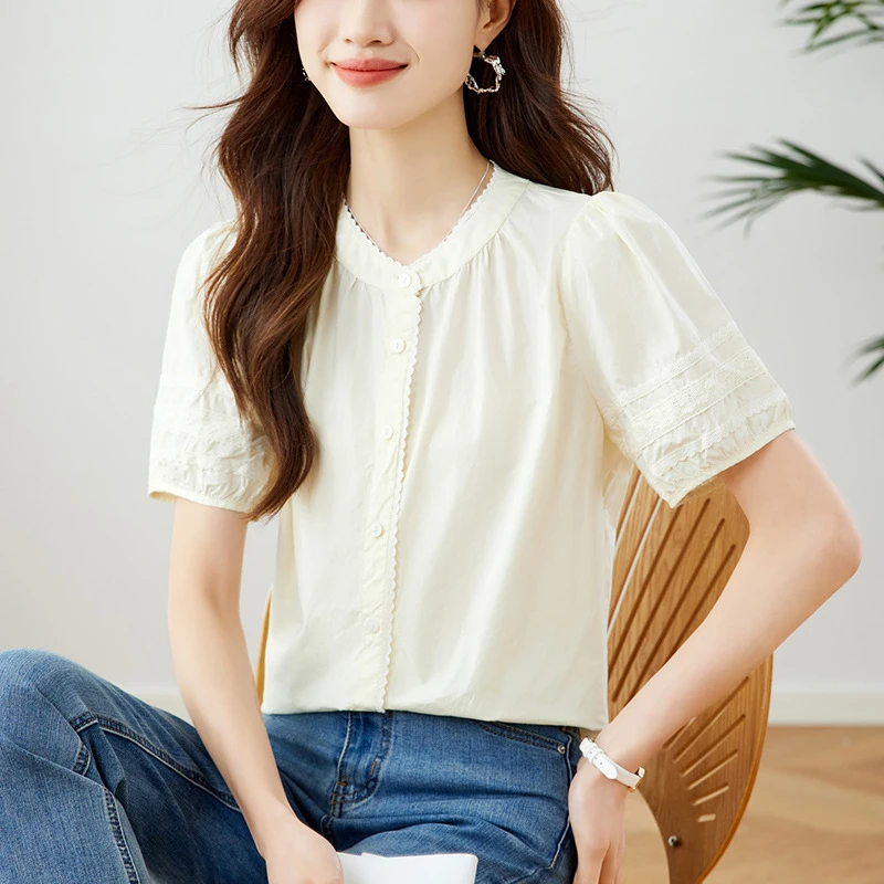 【娃娃专属】花边圆领短袖小衫2025夏季新款通勤甜美风小众别致上衣