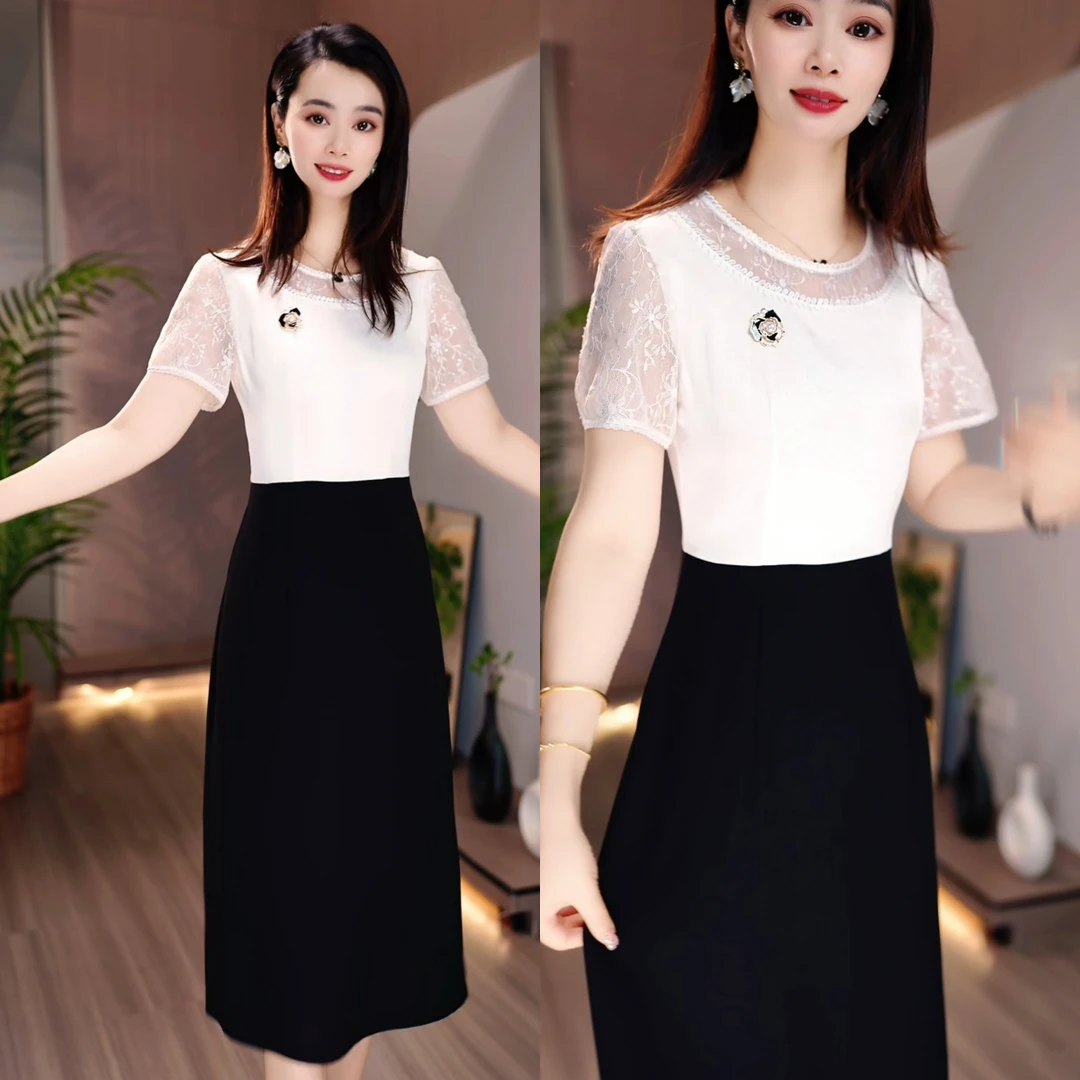 纯白洋气连衣裙拼接假两件胸针A字裙名媛短袖女神显瘦气质高夏季