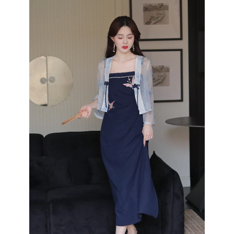 瑶西【蝶影】女夏蝴蝶刺绣藏青抹胸长裙显瘦出游新中式两件套连衣裙